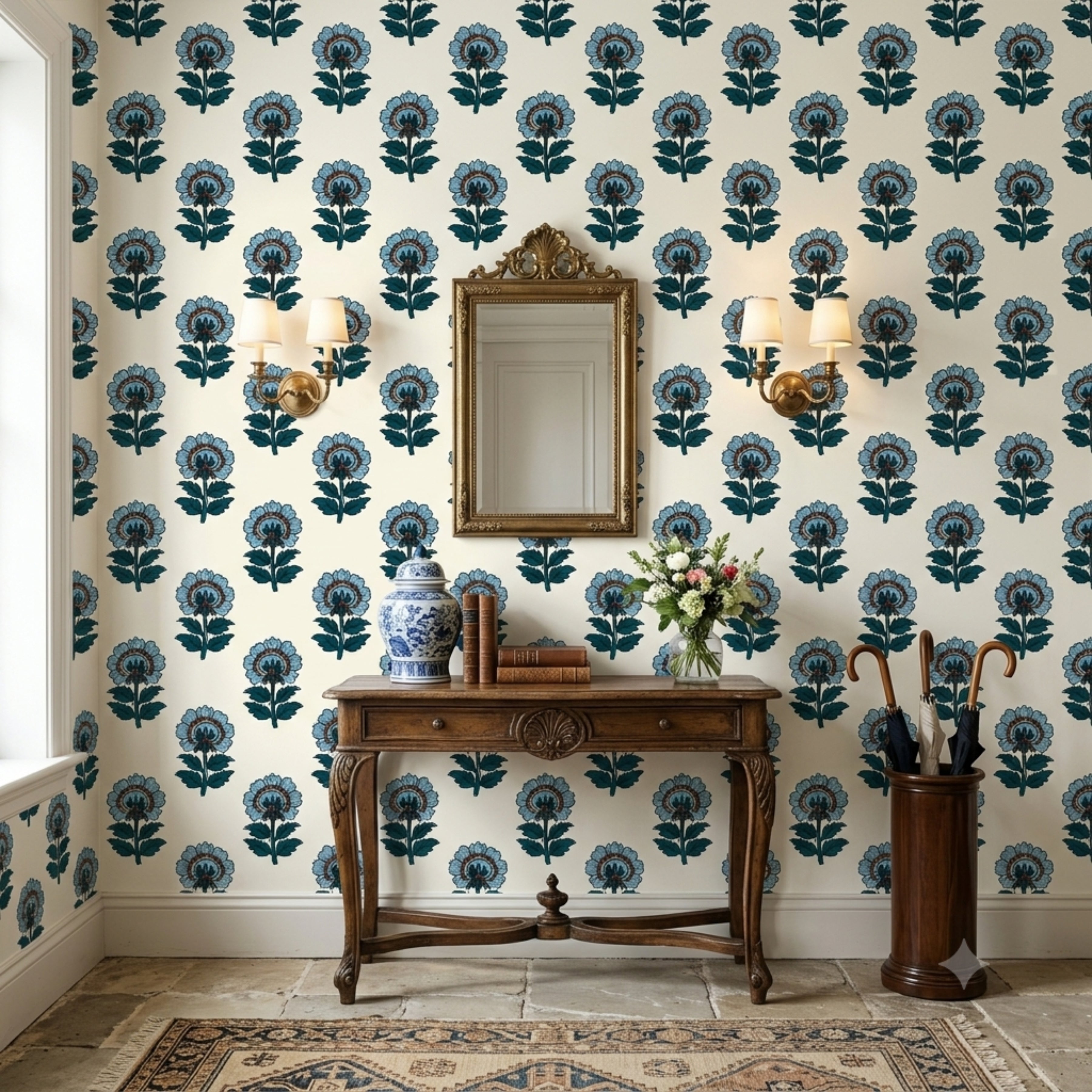 Blue Vintage Botanical Floral peel and stick wallpaper styled in a traditional entryway.